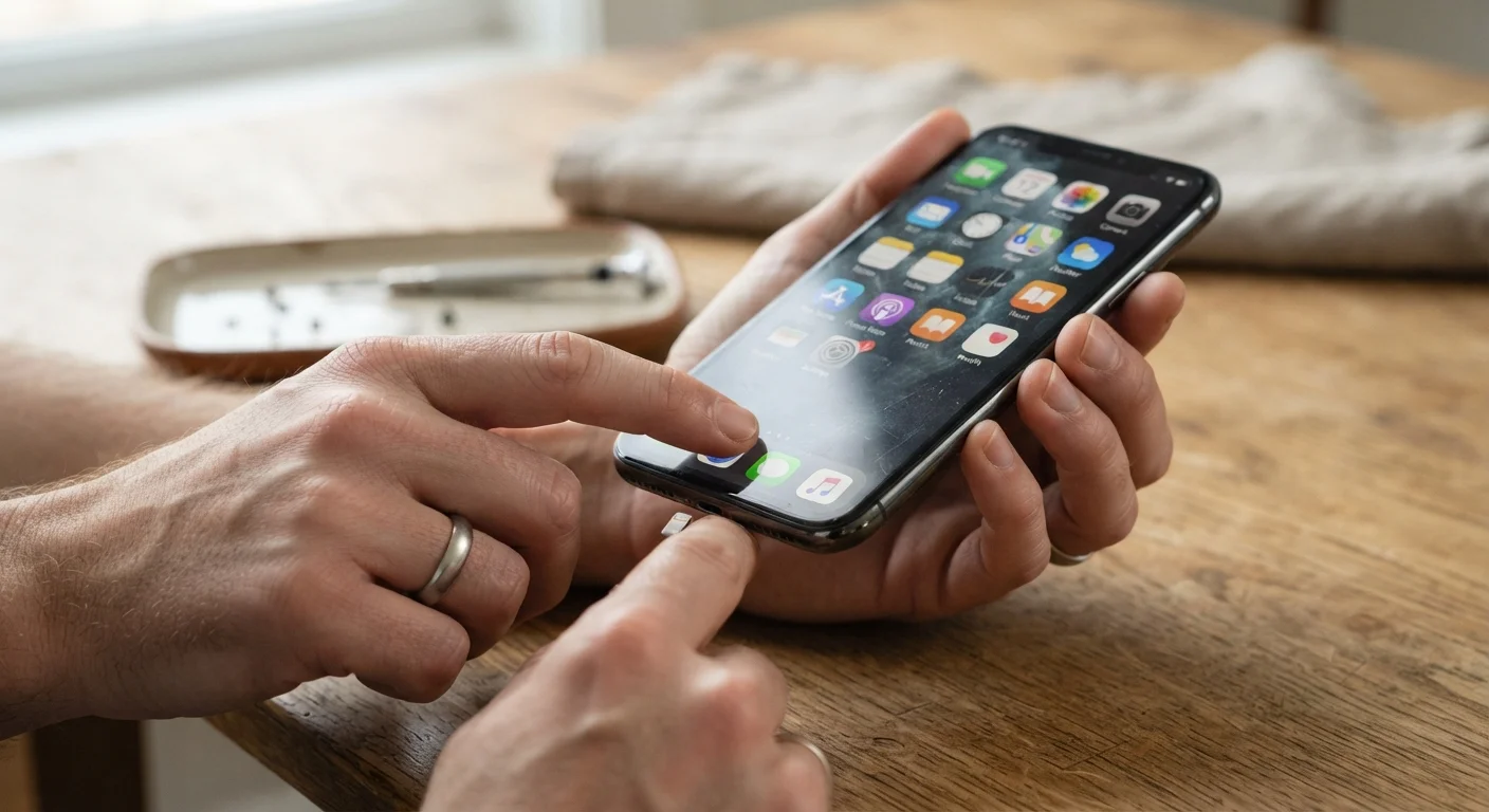 Person carefully inspecting a secondhand smartphone on a wooden table in natural light