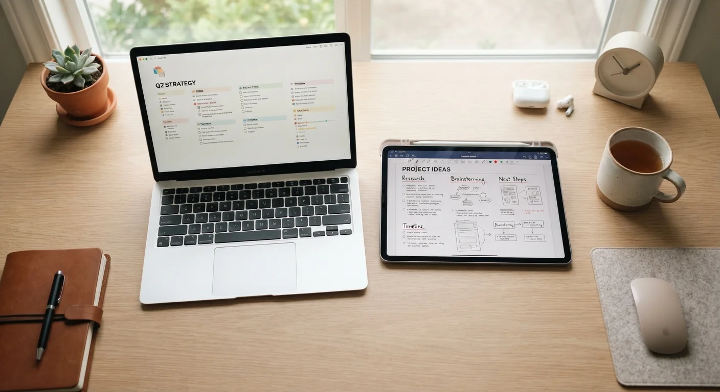 A laptop and tablet displaying organized digital notes on a clean minimalist desk