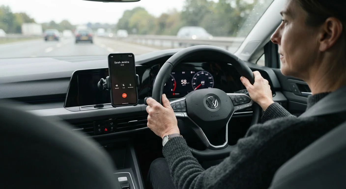 Driver holding steering wheel with a smartphone mounted on the dashboard displaying an active call