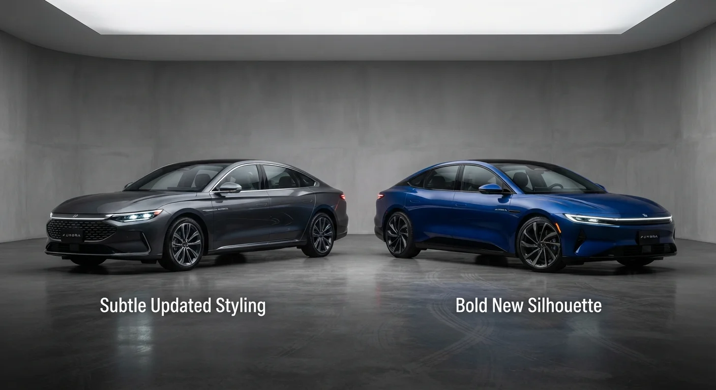 Two generations of a sedan displayed side by side showing design evolution from refresh to full redesign