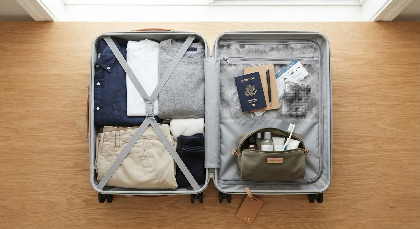 A neatly organized open suitcase with minimal clothing and travel essentials on a wooden surface