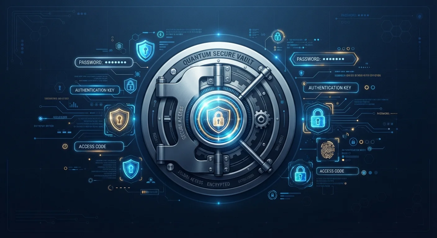 A glowing digital vault door surrounded by floating password fields and lock icons on a dark blue background
