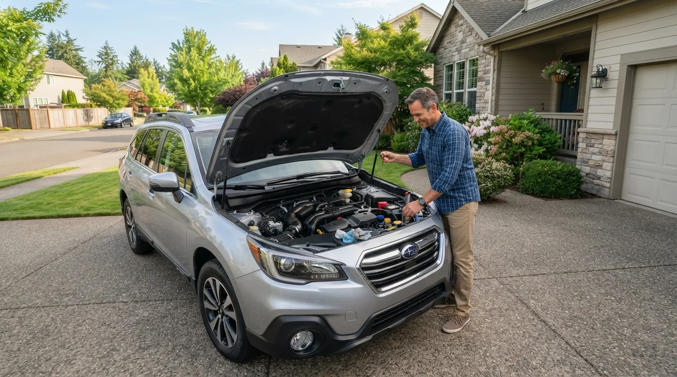 Car owner checking engine fluids under open hood in a residential driveway before a road trip