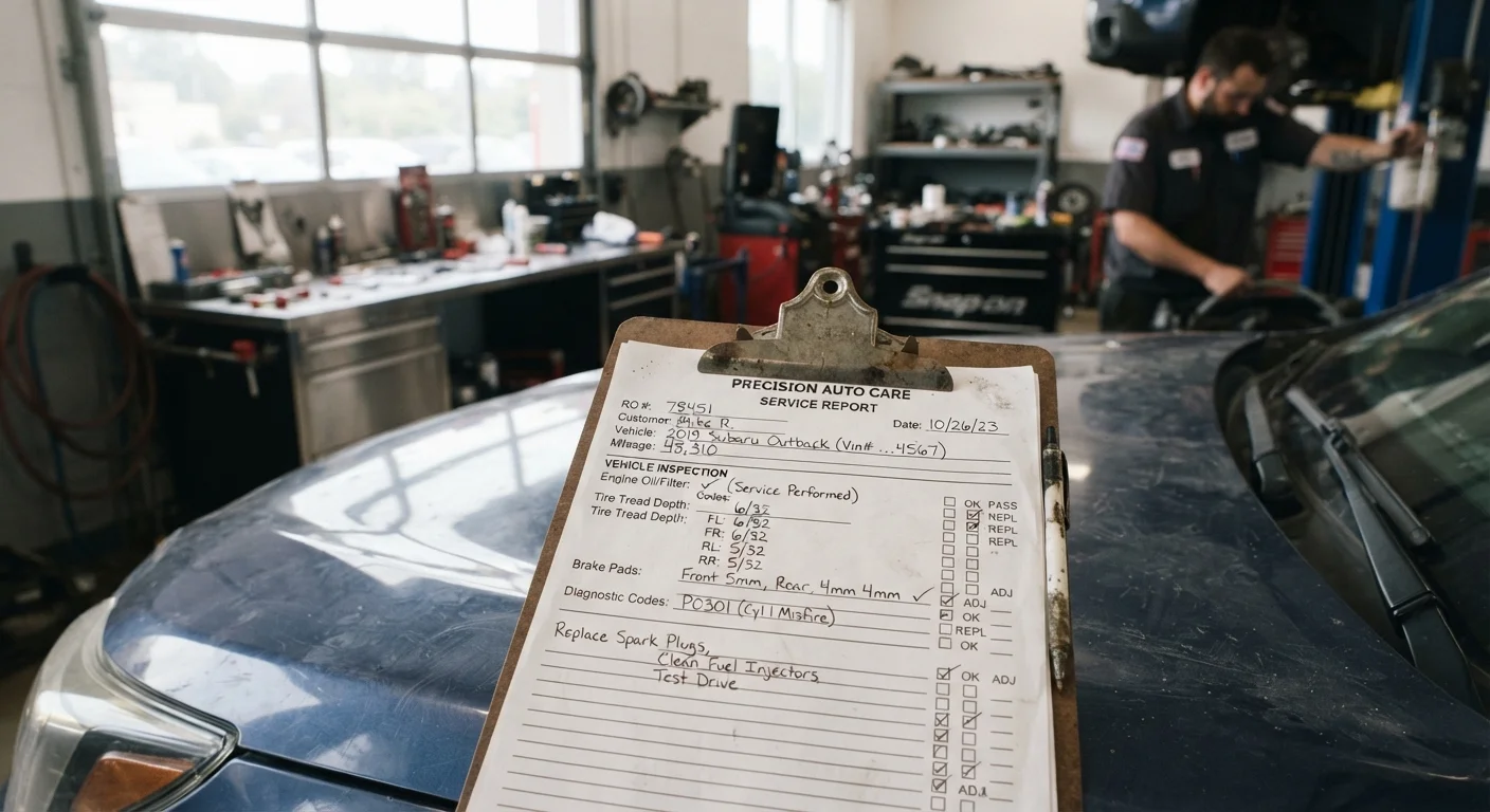 A mechanic's service report on a clipboard resting on a car in a garage