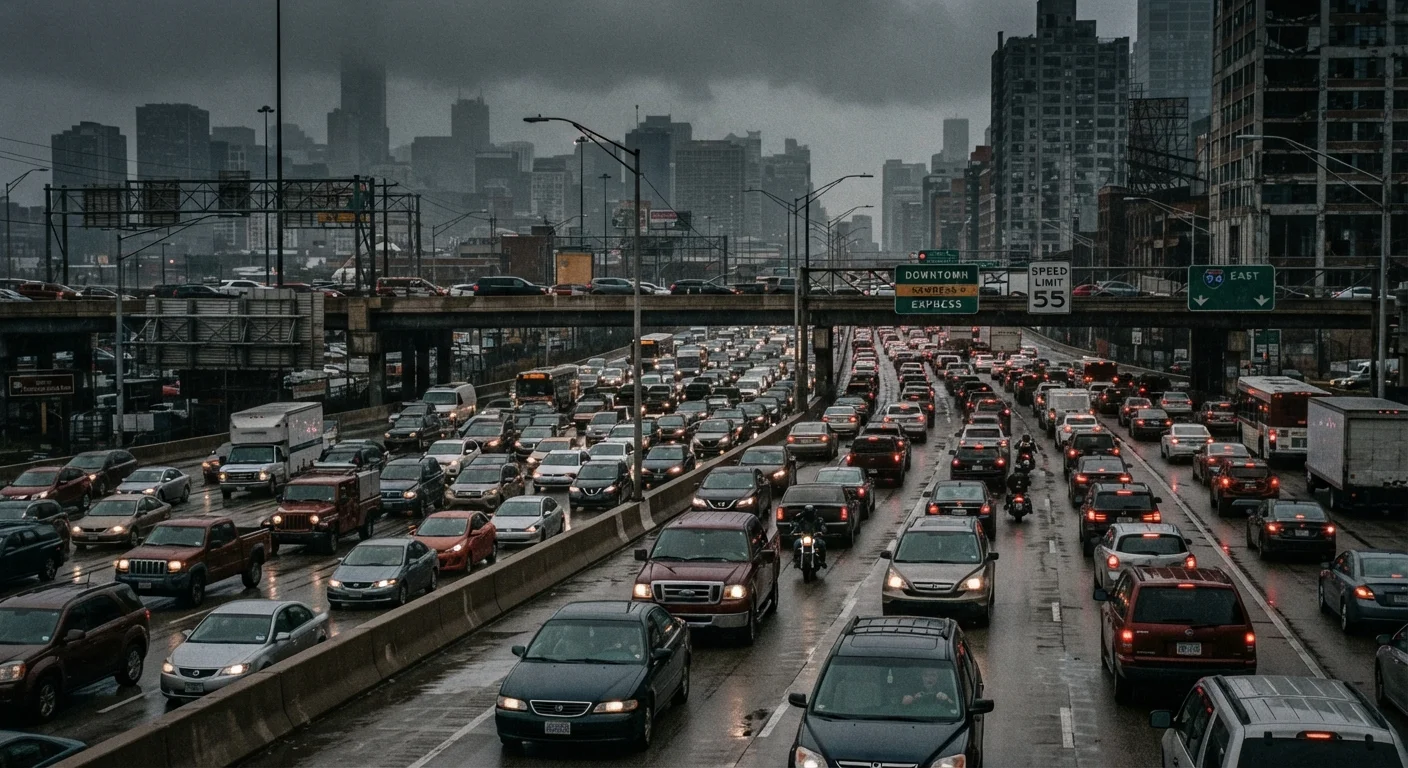 Heavy urban highway traffic under overcast skies suggesting a tense driving environment