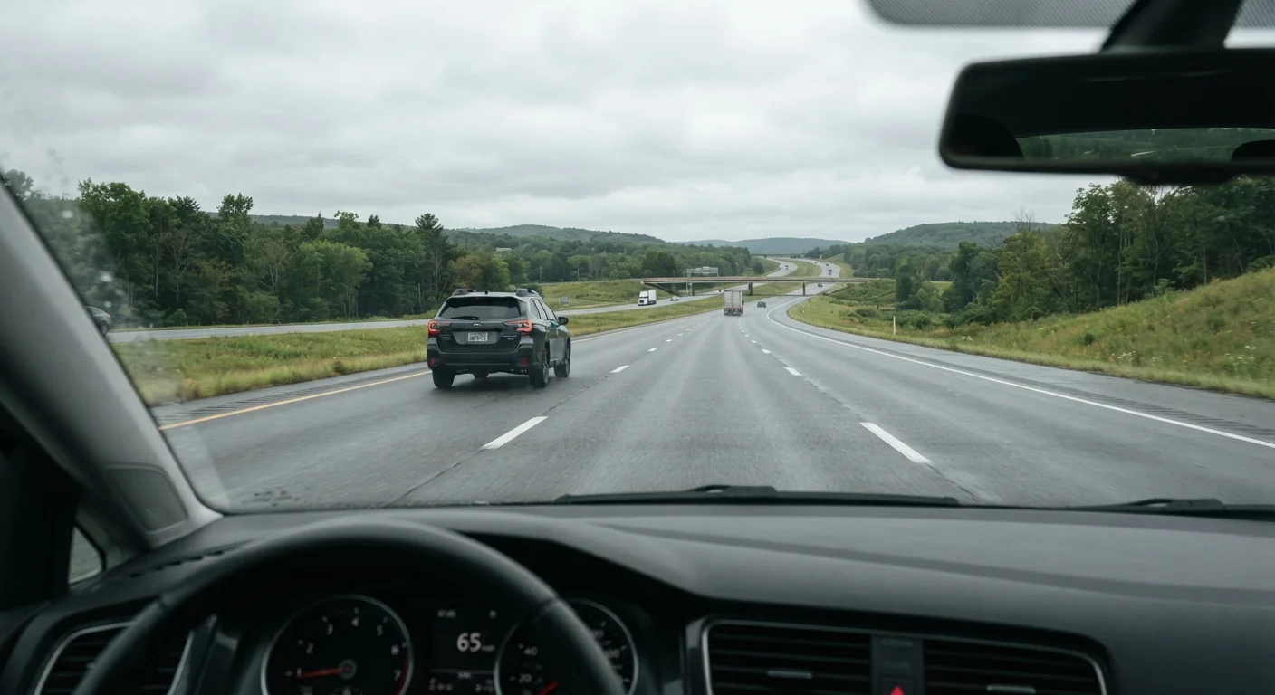 Driver's view of a multi-lane highway with safe following distance between vehicles