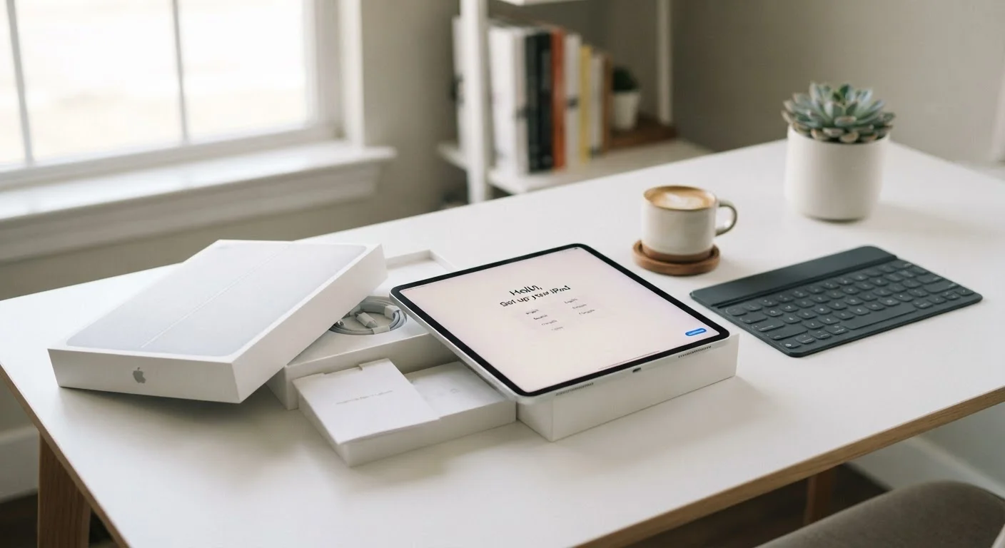A new tablet on a desk showing a setup welcome screen during initial configuration