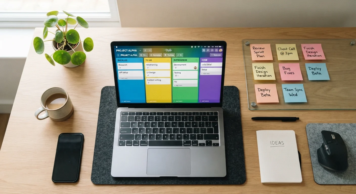 Laptop showing a digital task management board beside organized sticky notes on a desk