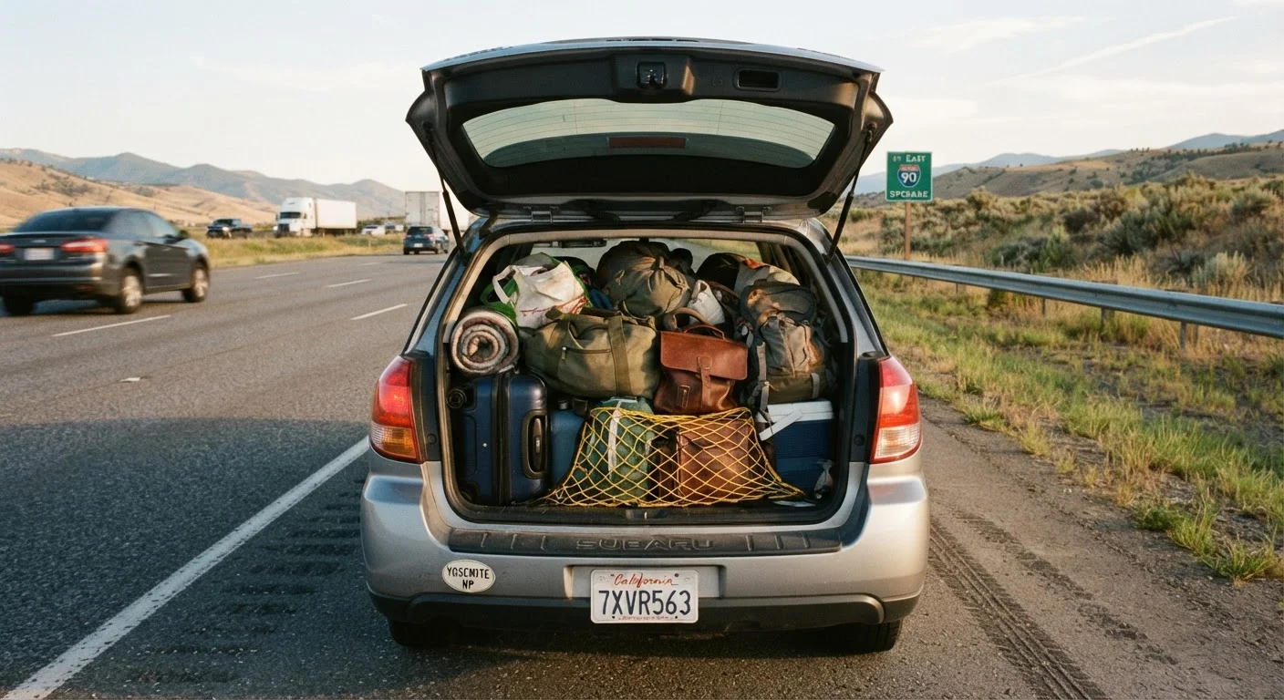 An overpacked car trunk open on a sunny highway ready for a road trip