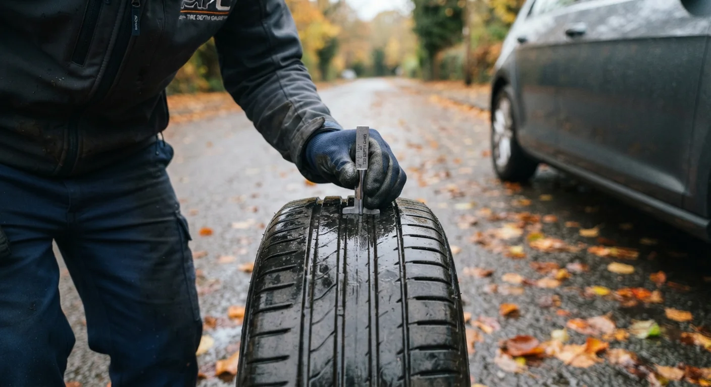 Mechanic checking tyre tread depth on a car tyre during autumn season