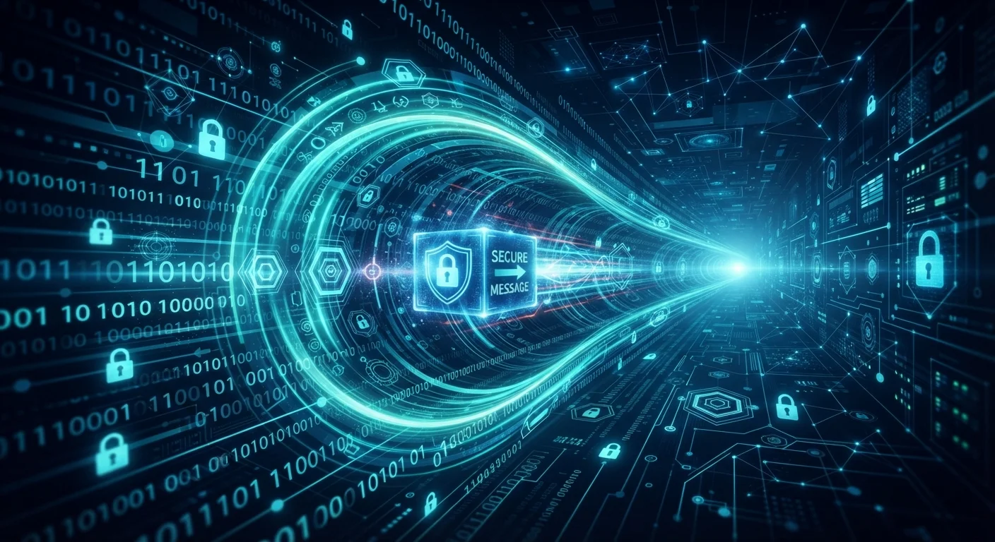 Abstract illustration of a secure encrypted message traveling through a digital tunnel with padlock icons