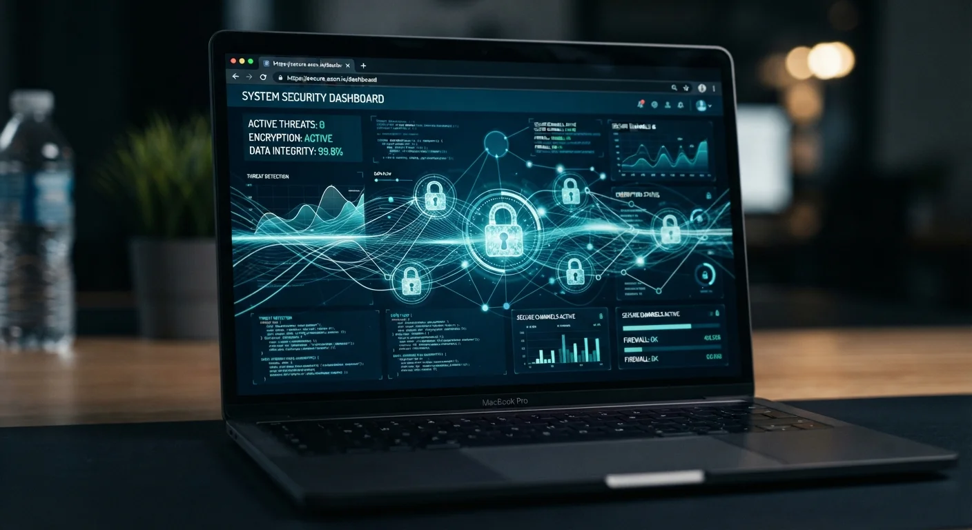Laptop screen showing a browser window with overlaid digital data stream graphics