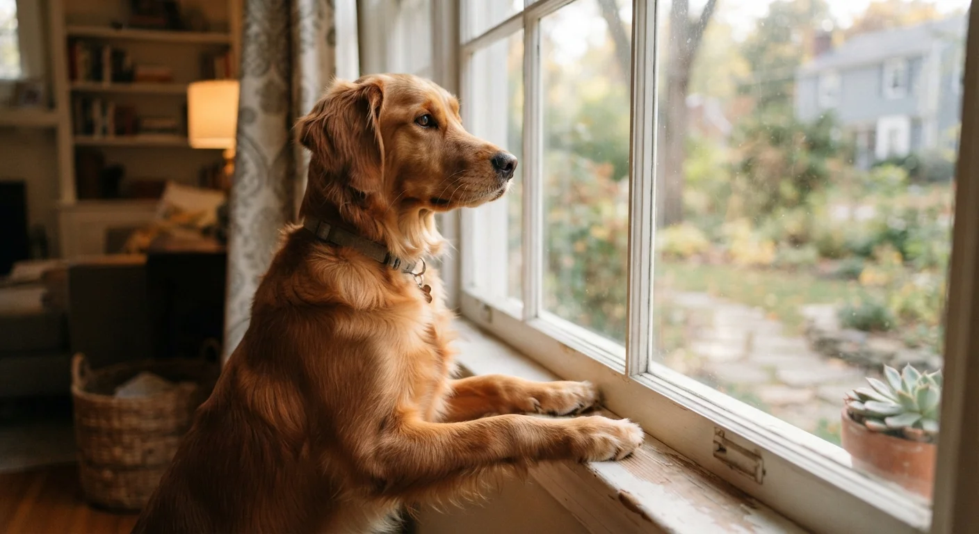 A golden retriever standing alert at a window, ears raised, staring at something unseen outside