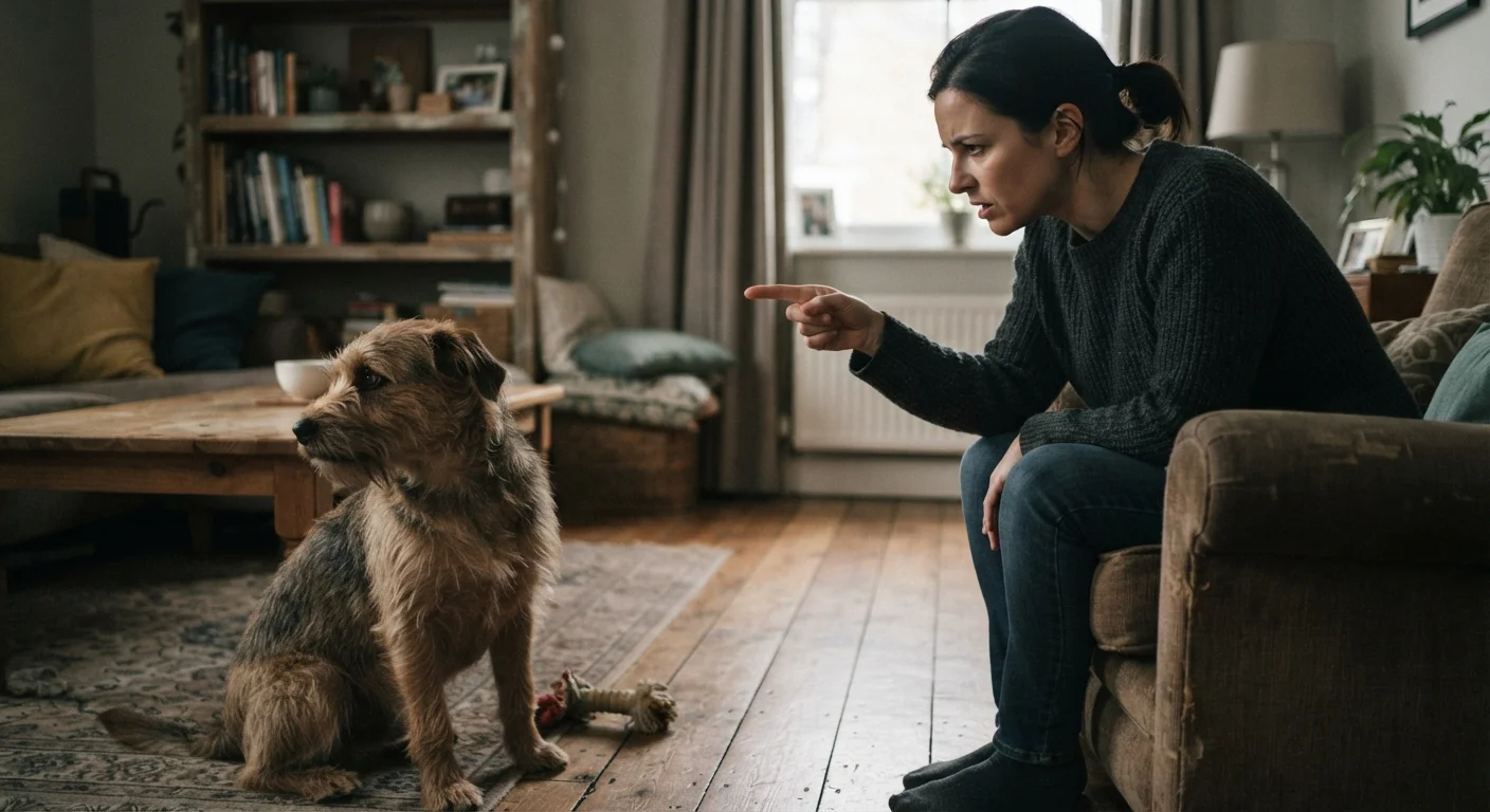 A dog turning away from an owner who is using a stern corrective gesture indoors.