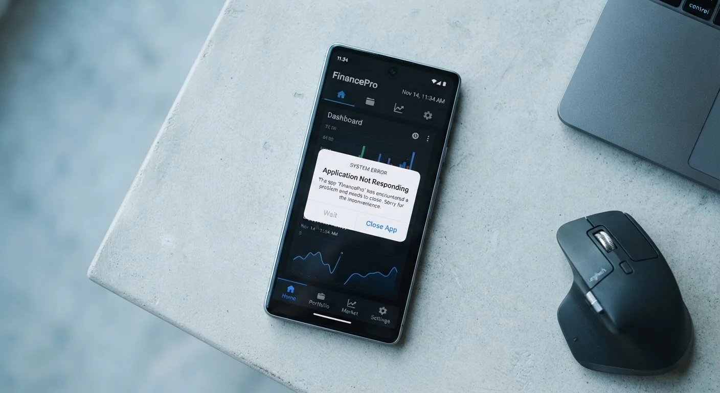Smartphone screen showing an app crash error dialog box on a modern device