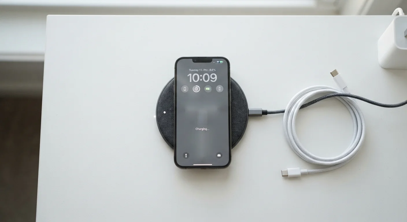A smartphone on a wireless charging pad beside a USB charging cable on a white surface