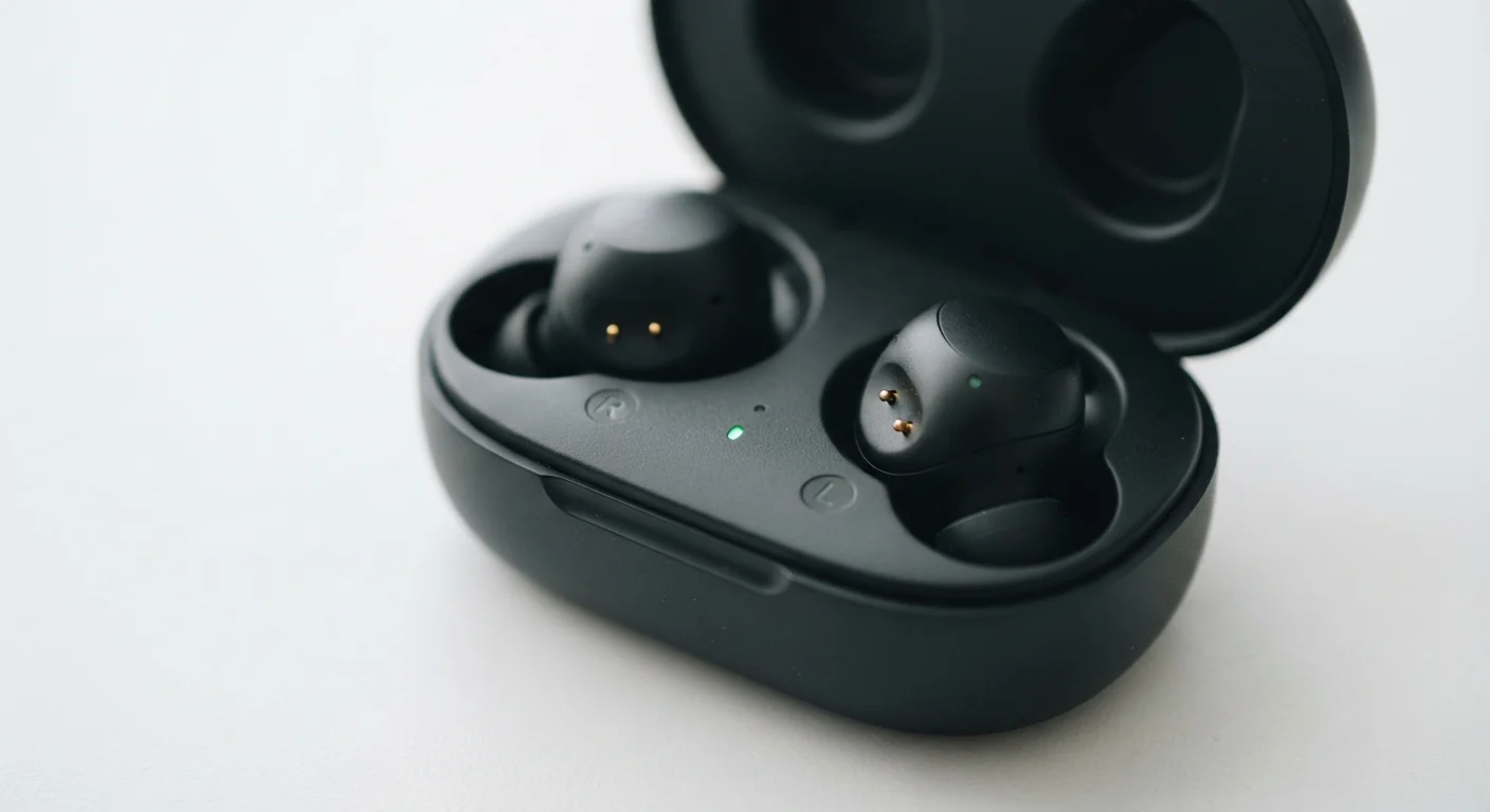 Wireless earbuds resting inside an open charging case showing interior charging contacts