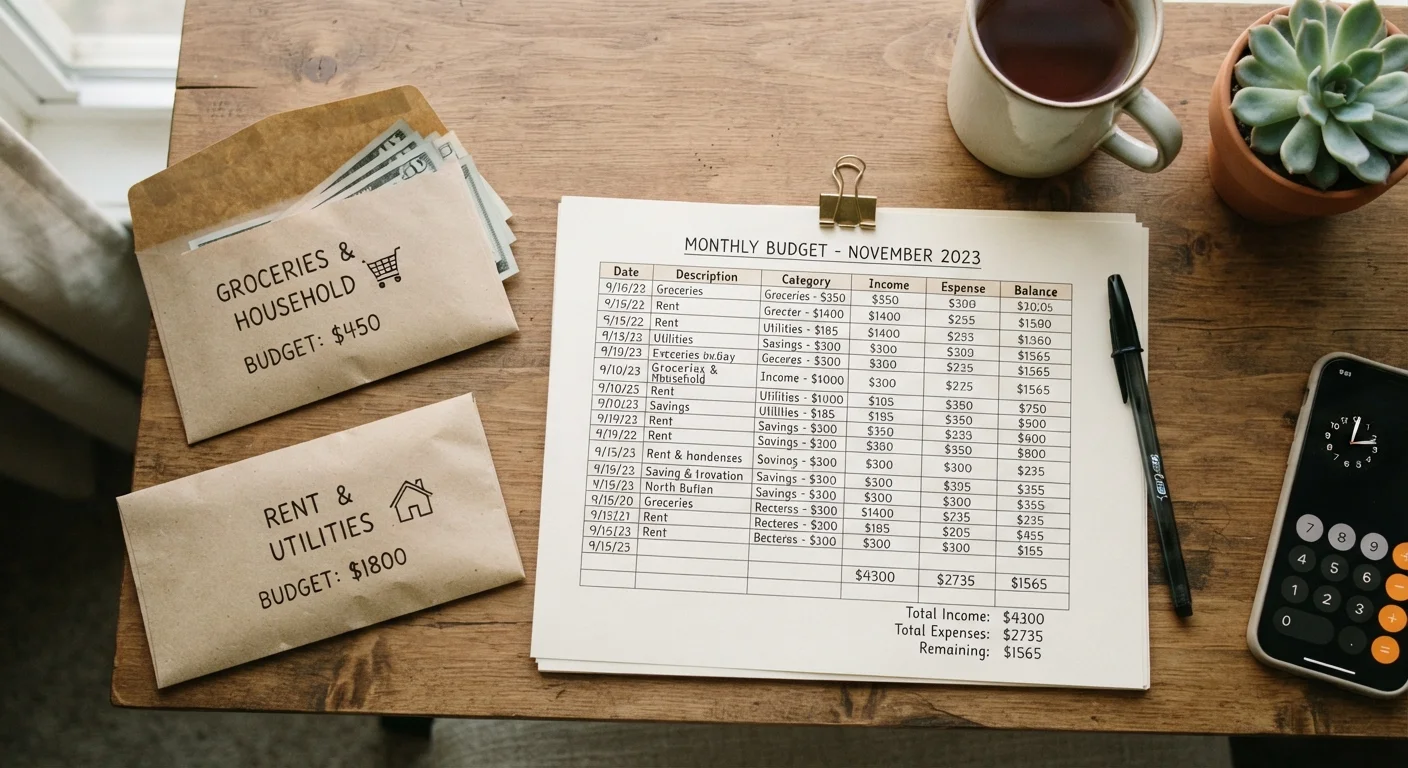A budget spreadsheet and labeled envelopes side by side on a wooden desk